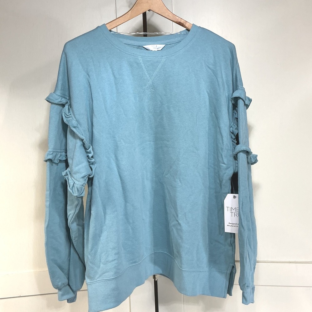 Time and Tru Ruffle Sleeve Sweatshirt Women XL Blue Crewneck Pullover Ruffled